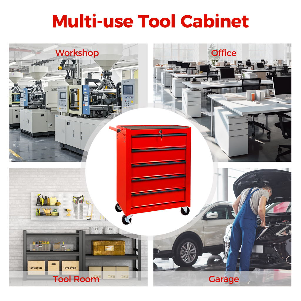Rolling Metal Tool Chest with 5 Drawers - Red