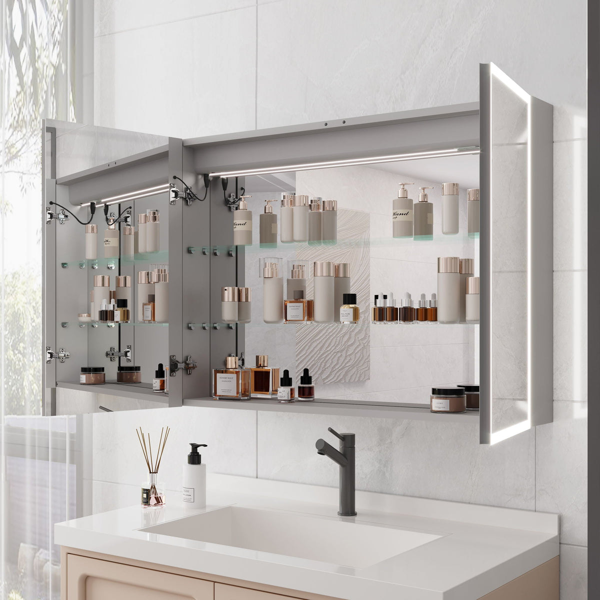 LED Medicine Cabinet With Defogger and Digital Display - Pearl Silver