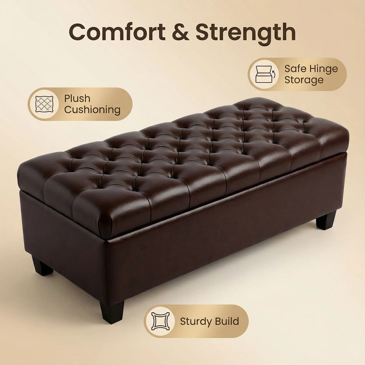 Storage Ottoman Bench with Safety Hinges - Faux Leather or Fabric