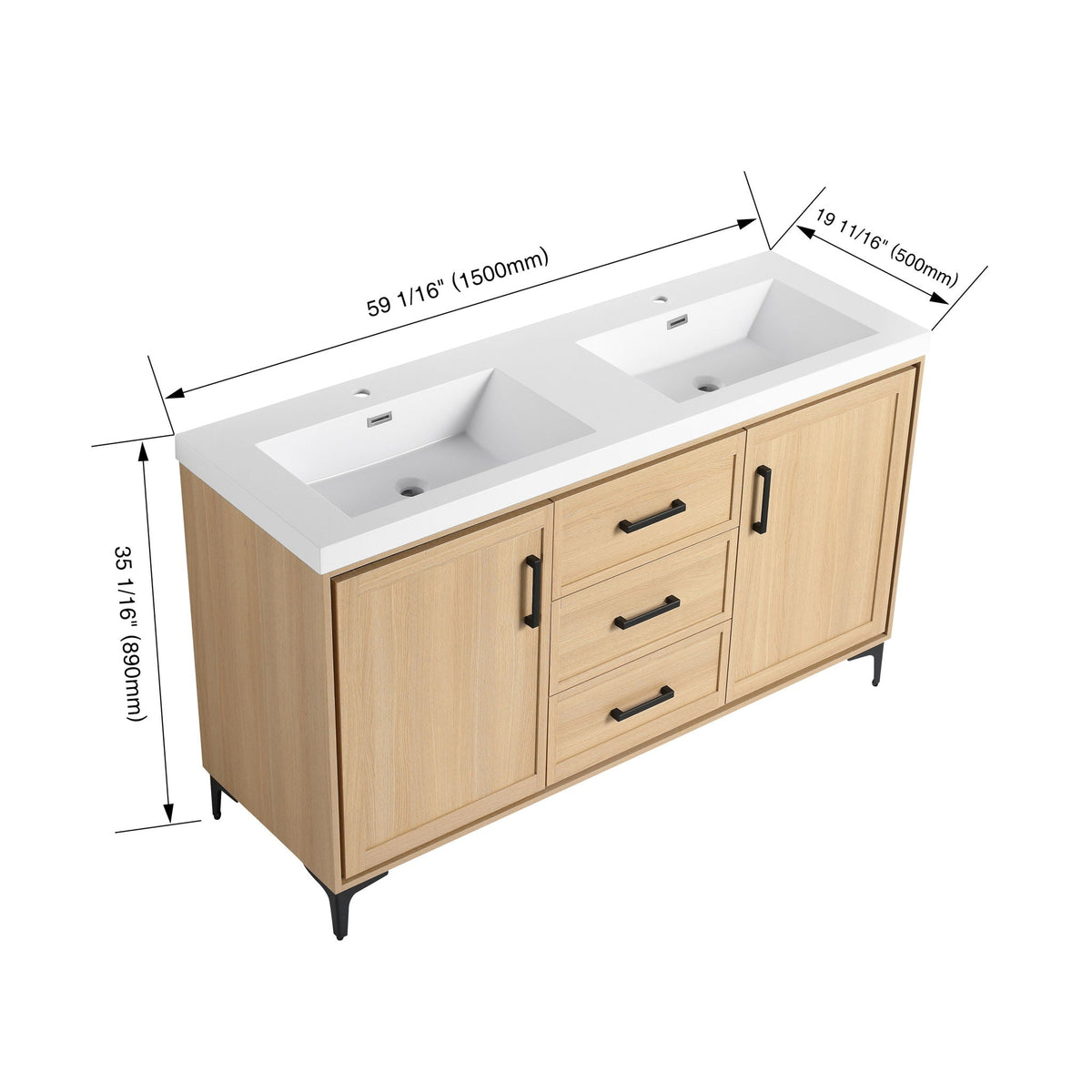 Original 60" Freestanding Bathroom Vanity with Double Resin Sink - Oak
