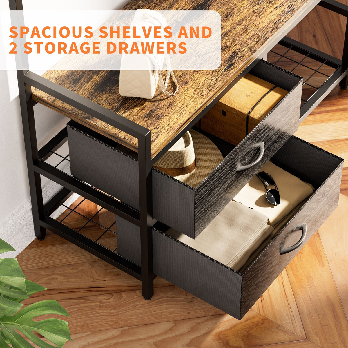 Rustic Brown Hall Tree With 2 Movable Drawers