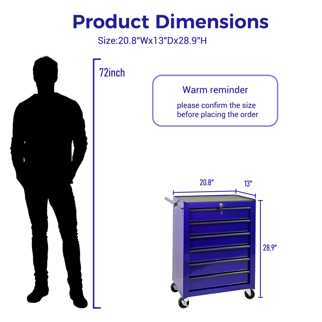 Rolling Metal Tool Chest with 6 Drawers - Steel Mobile Cabinet - Purple