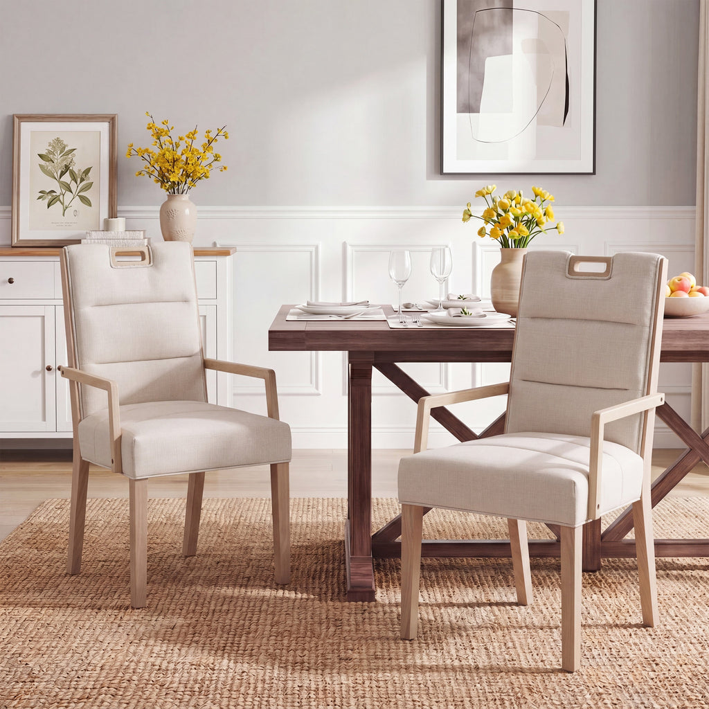 Upholstered Dining Chairs with Armrests - Fabric & Rubber Wood - Beige/Natural