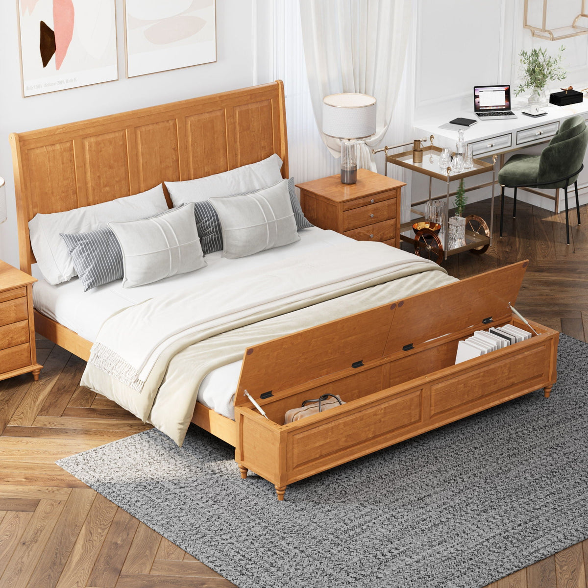 Sleigh Bed Frame with Tall Headboard and Storage Bench - Dark or Light Brown