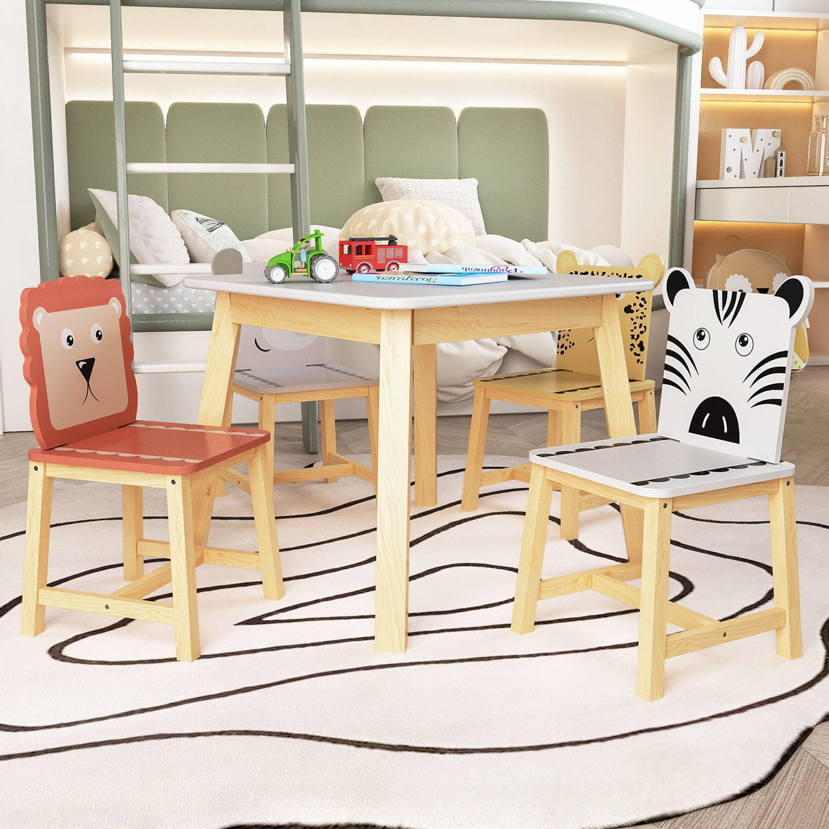 Kids Table and Chair Set with Cartoon Animals Design - White