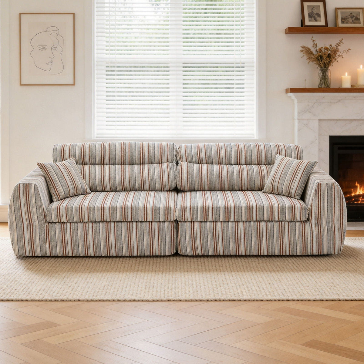 3 Seater Stationary Sofa with Throw Pillows - Multiple Colors