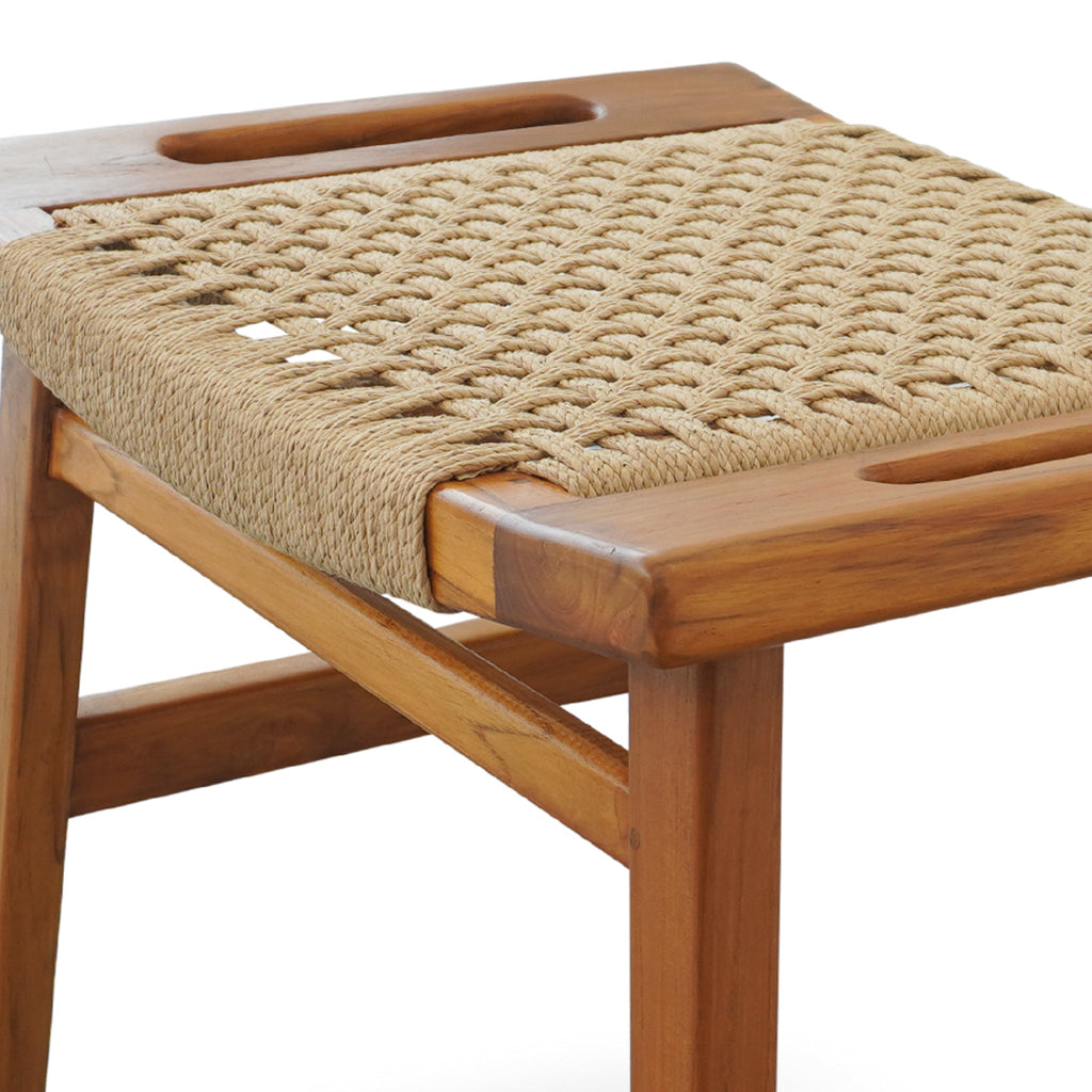Rustic Solid Wood Loom Stool with Durable Paper Rope Seat - Natural