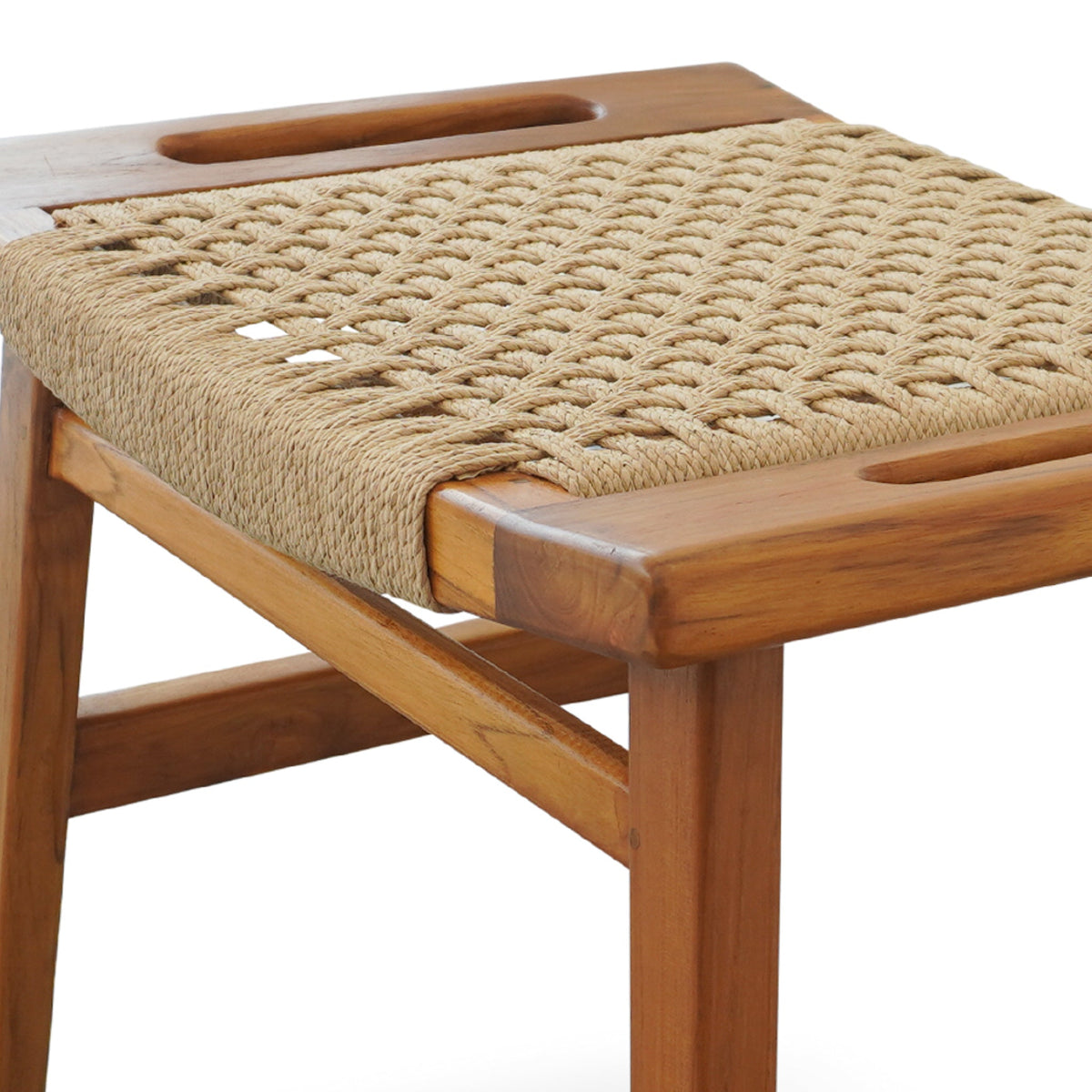 Rustic Solid Wood Loom Stool with Durable Paper Rope Seat - Natural
