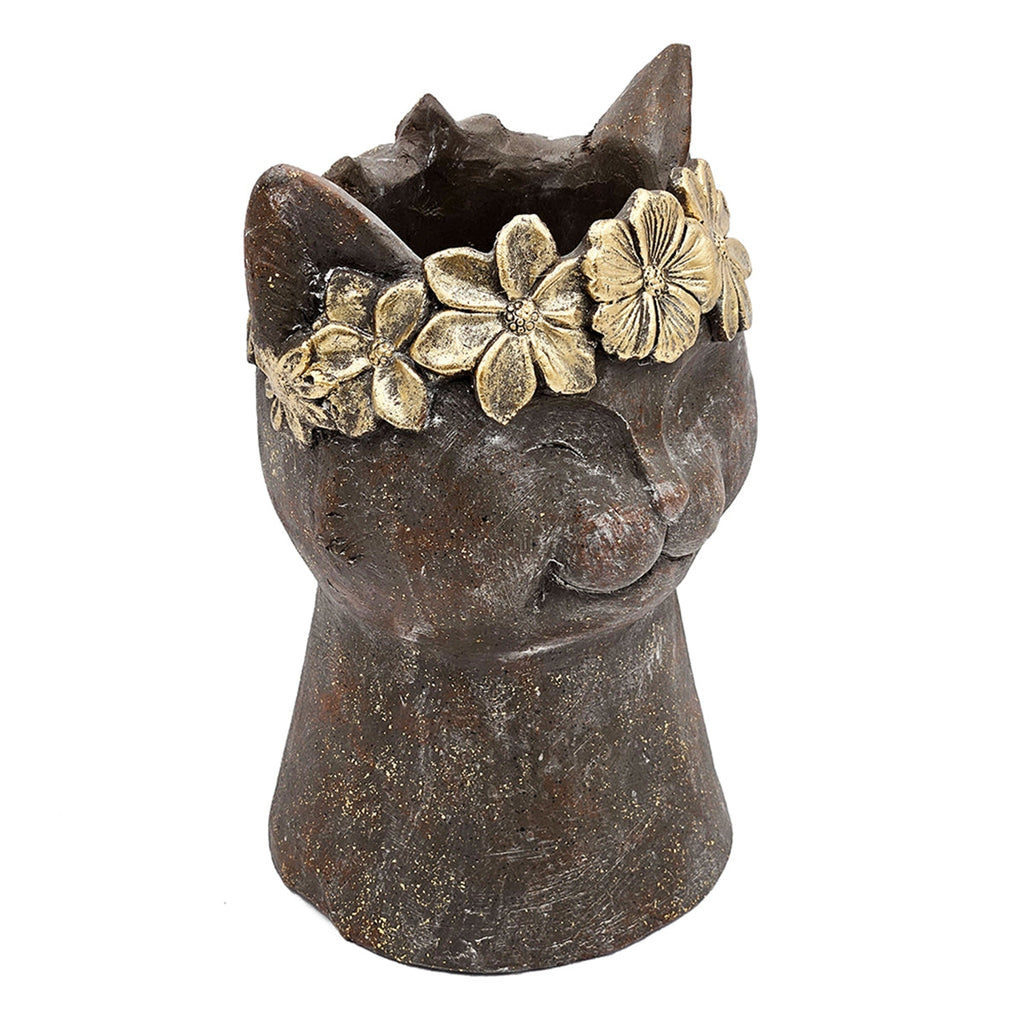 Magnesium Cat Statue Planter with Textured Finish - Brown & Gold