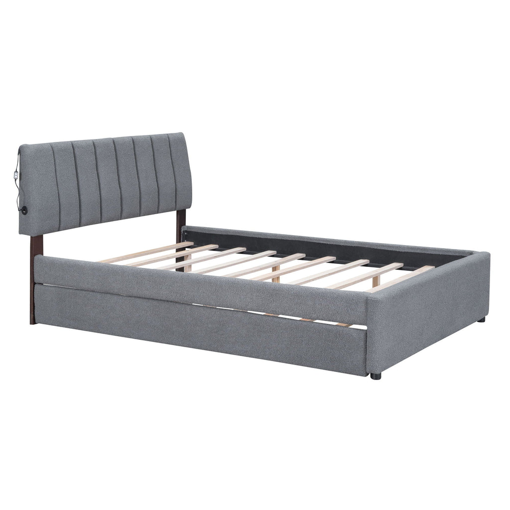 Upholstered Platform Bed With Trundle and LED Lights - Full or Queen