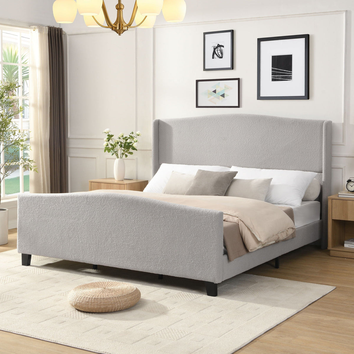 Platform Bed Frame with Tall Headboard and High Footboard - White or Gray