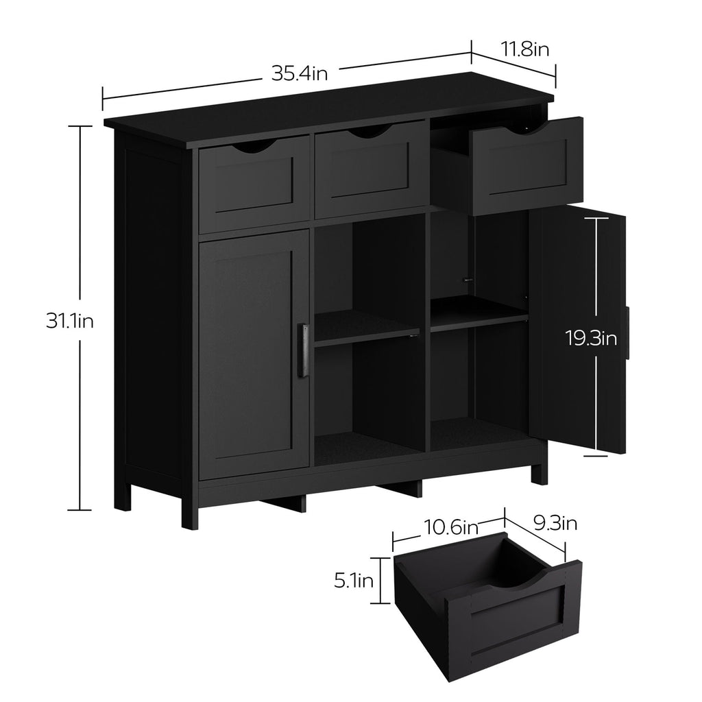 Wood Storage Sideboard with Drawers and Adjustable Shelves - White or Black