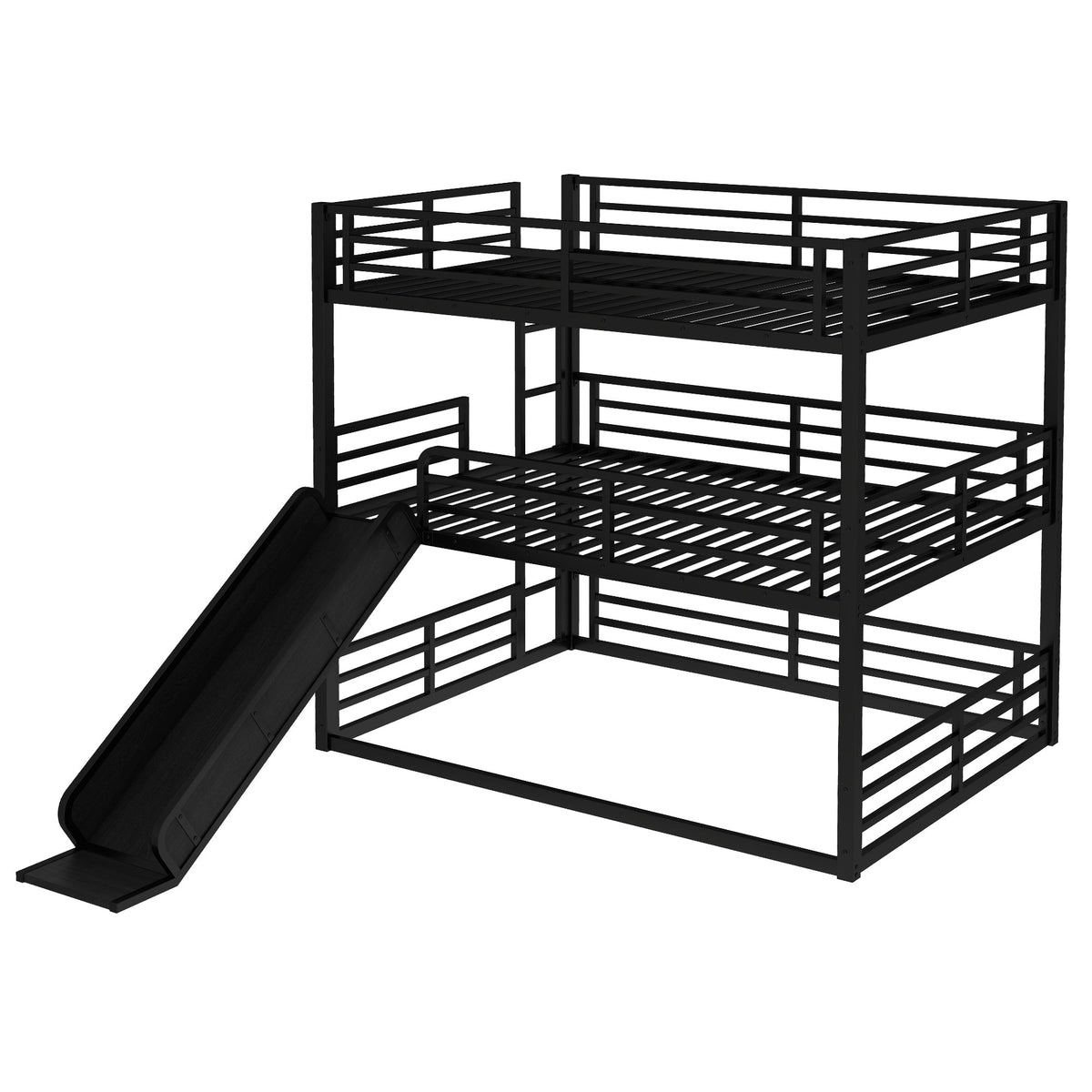 Queen Over Queen Triple Bunk Bed with Slide - Metal Frame