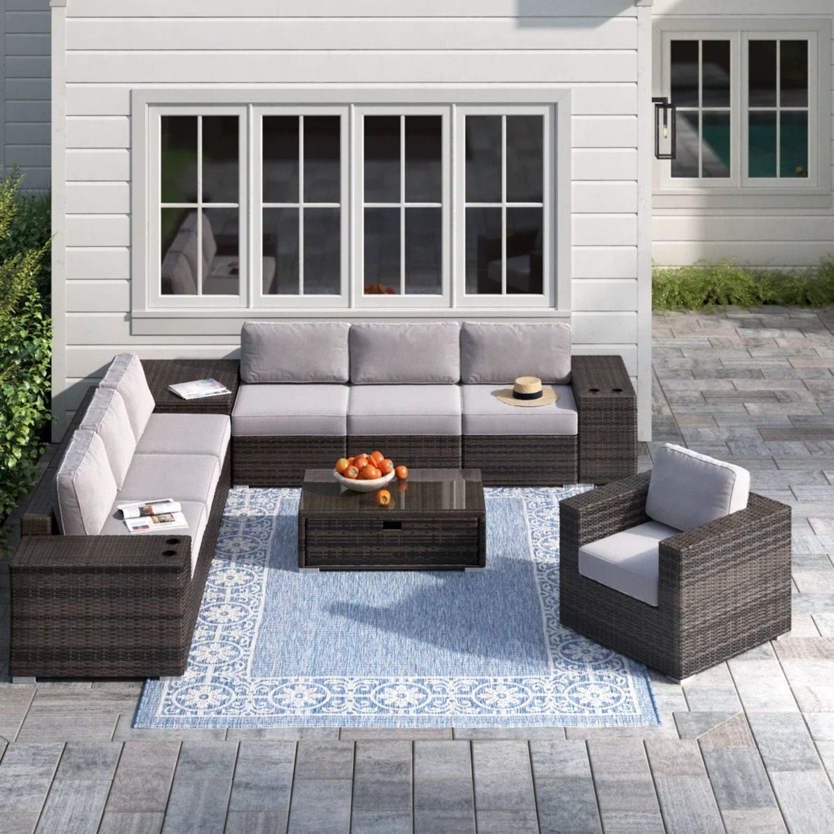 Modern Patio Rattan Sectional Set with Cushions - Multiple Set Options