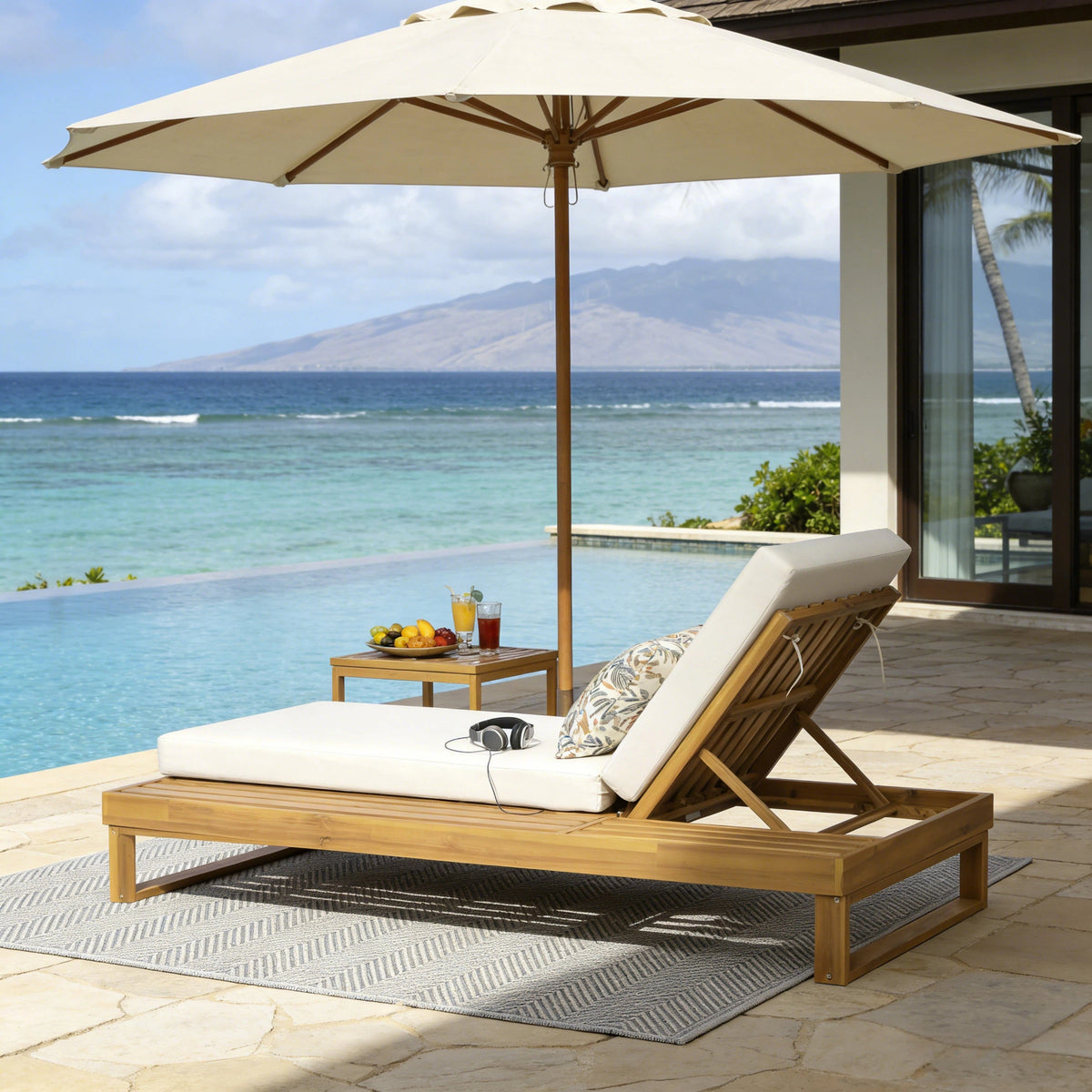 Teak Finish Acacia Wood Chaise Lounge with 4-Inch Cushion - Cream