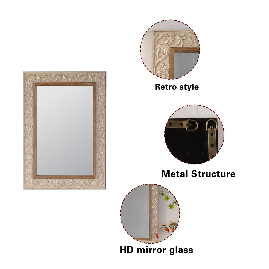Vintage Carved Pattern Rectangular Wall Mirror with Ornate Frame - Natural