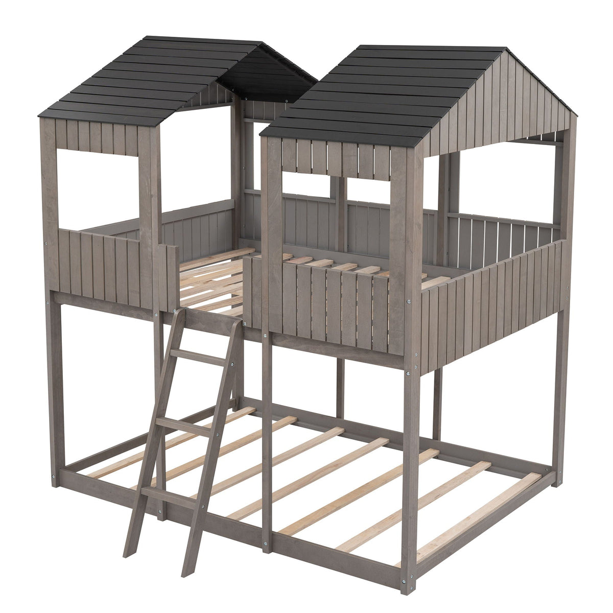 Bunk Bed With Roof, Window, Guardrail, Ladder