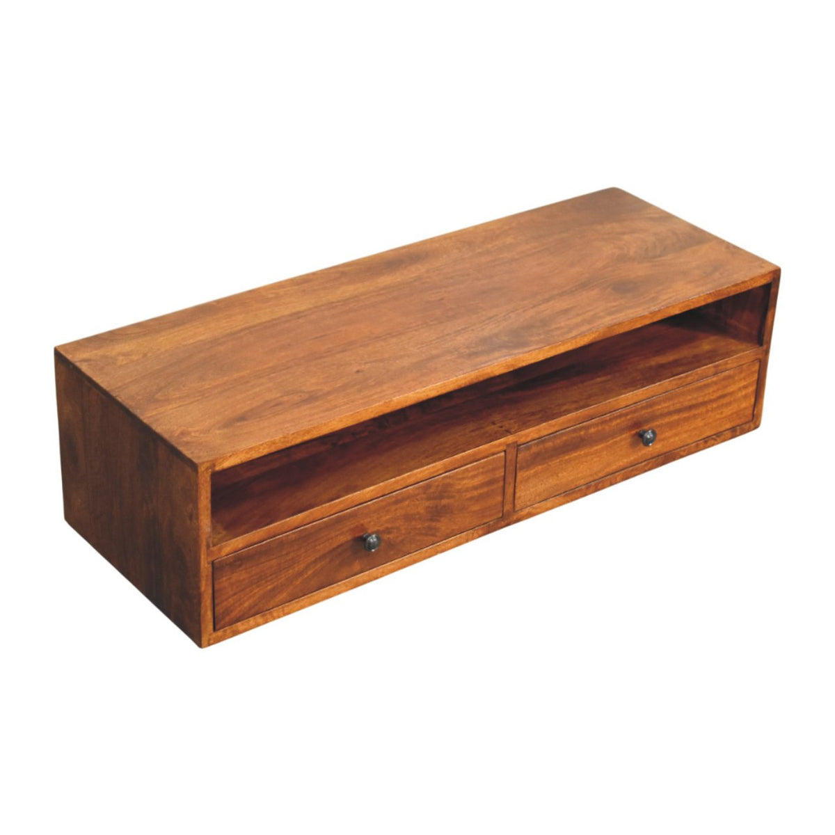 Solid Wood Lunar Wall-Mounted Media Unit with 2 Drawers - Chestnut