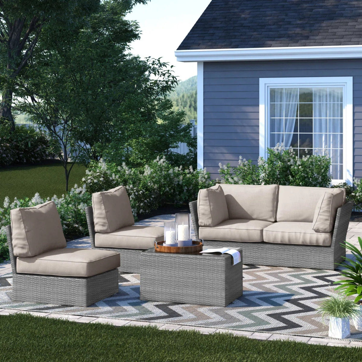 Modular Wicker Patio Seating Group with Cushions - Gray or Dark Brown