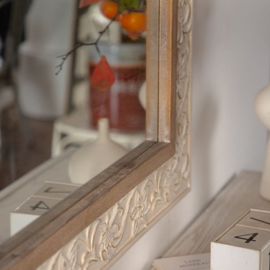 Vintage Carved Pattern Rectangular Wall Mirror with Ornate Frame - Natural