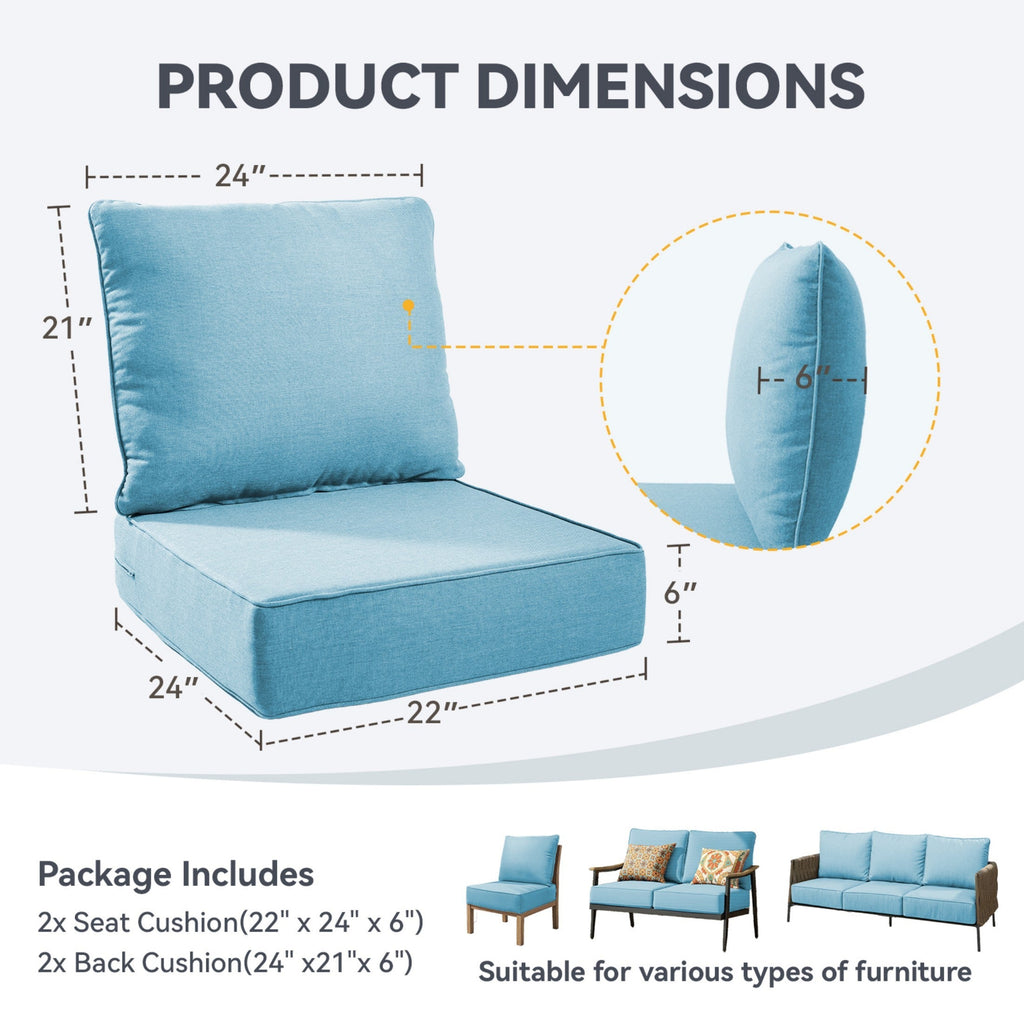 6" Thick Waterproof Outdoor Cushion Set with Durable Olefin Fabric - Light Gray