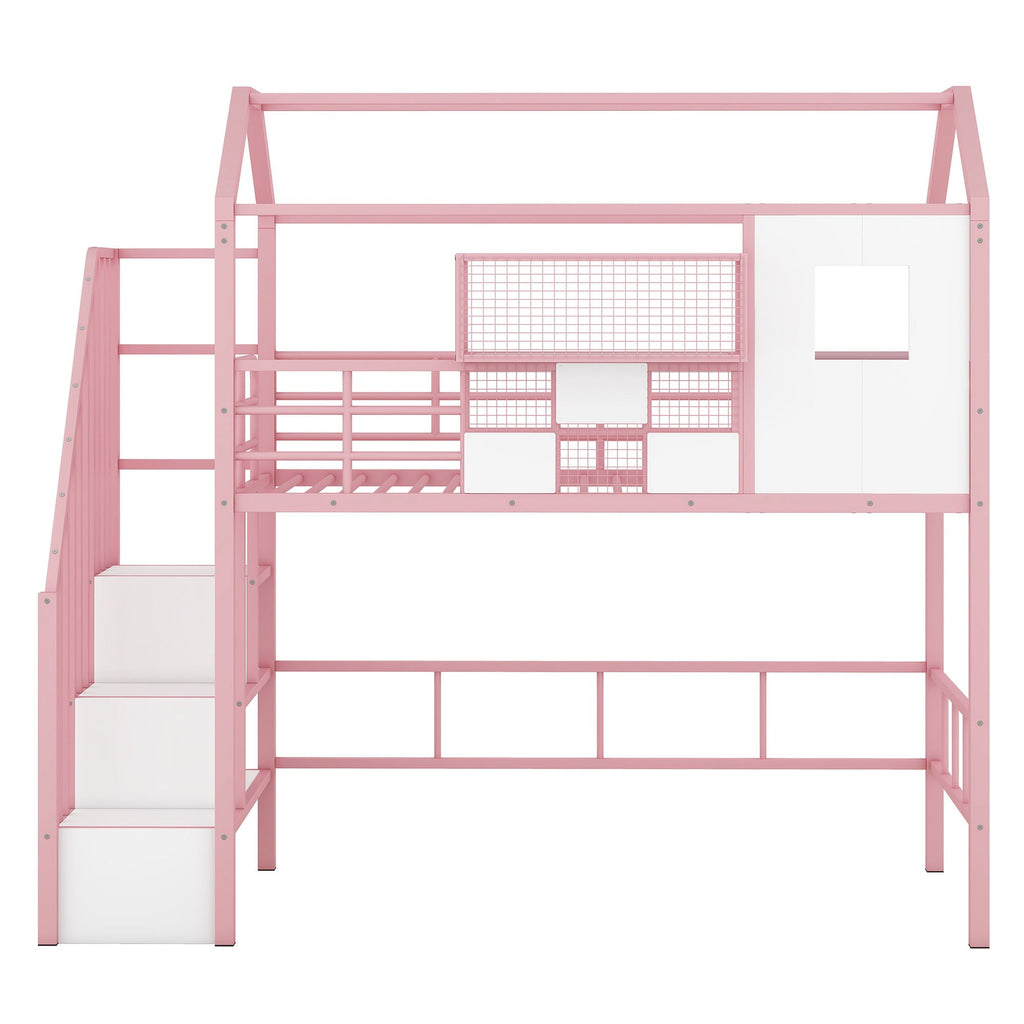 Metal Loft Bed With Roof Design and Storage Box with Guardrails and Integrated Ladder - Twin