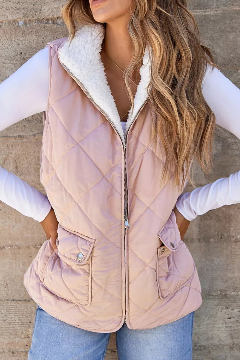 Quilted Sherpa-Lined Vest Coat