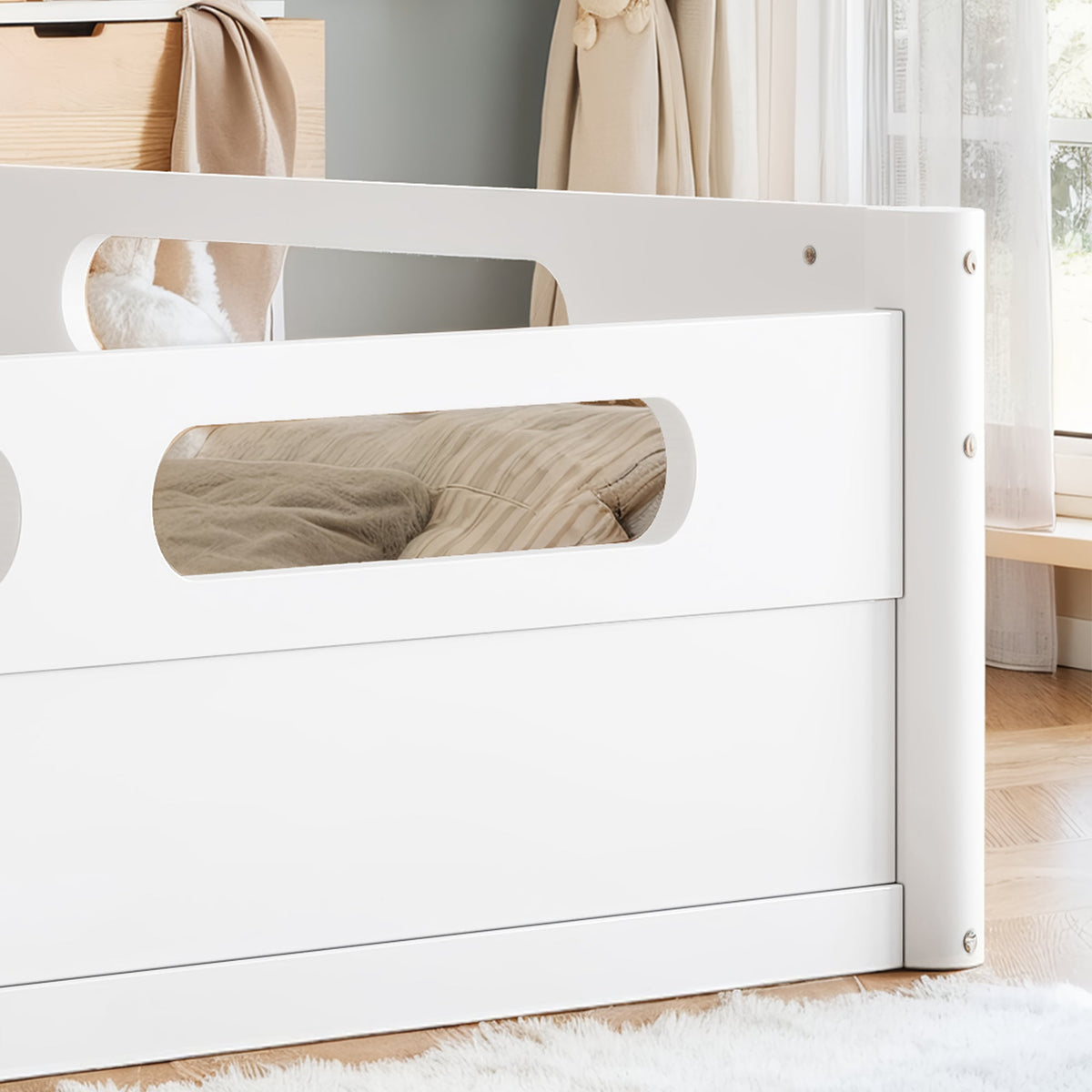Queen Size Floor Platform Bed with Full-Length Guardrails - White or Natural