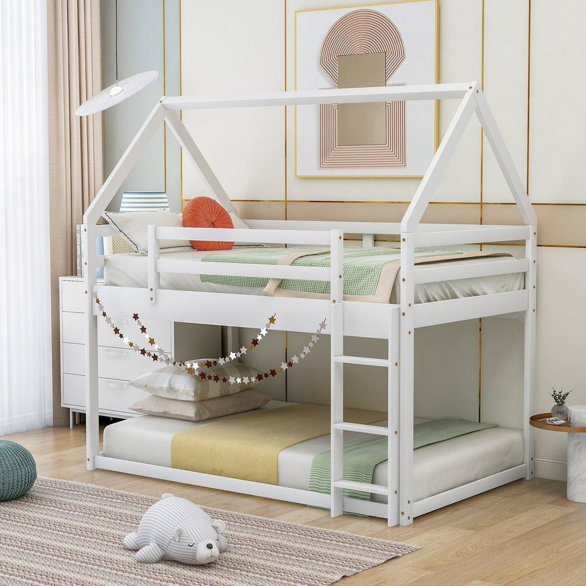 Low Bunk Bed With House Shaped Frame and Ladder - Twin Over Twin