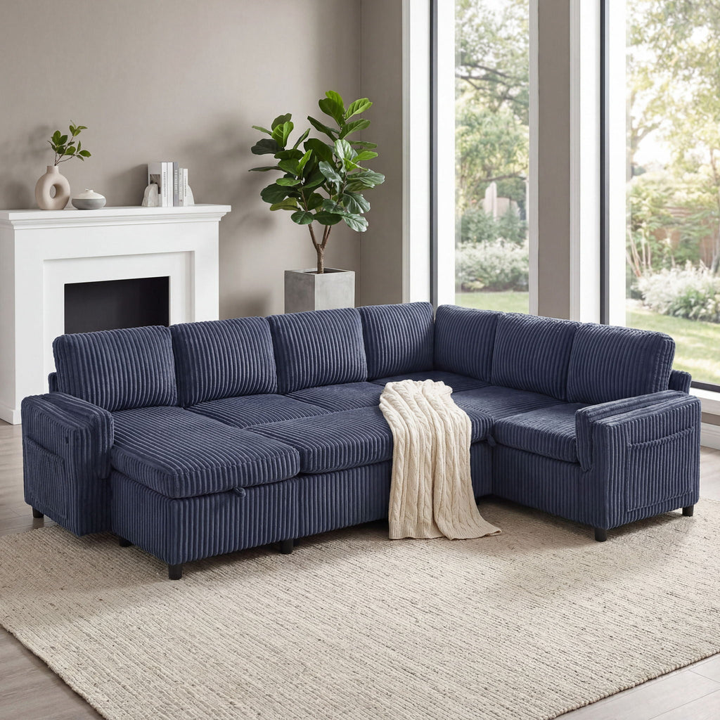 Convertible U-Shaped Sectional Sofa Bed with USB Ports and Storage – Black, Dark Gray, Blue