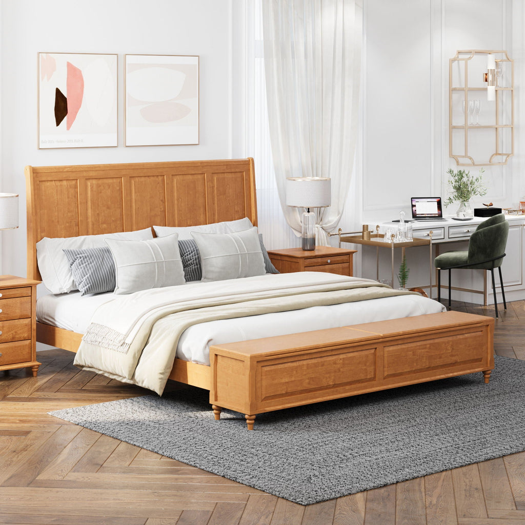 Sleigh Bed Frame with Tall Headboard and Storage Bench - Dark or Light Brown