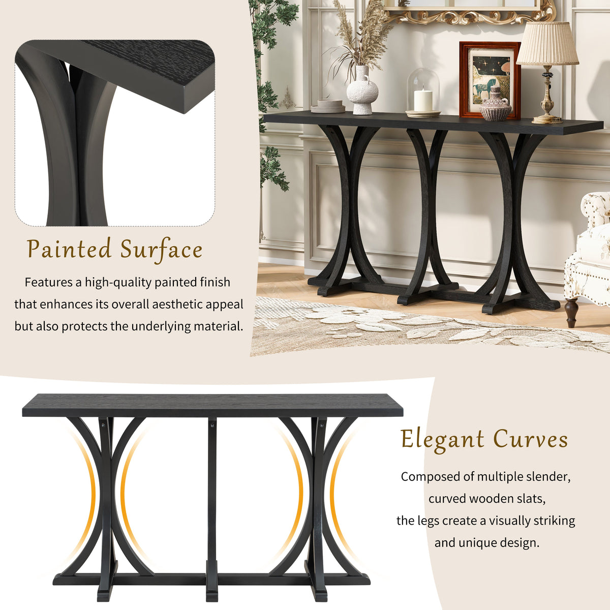 Wooden Console Table with Solid Rubberwood Legs – Black, Gray, or Navy Blue
