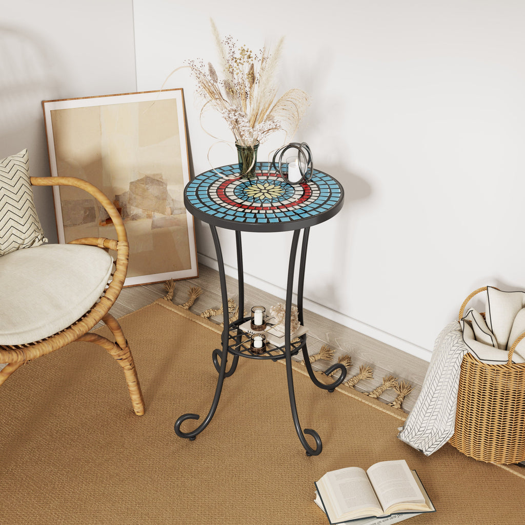 Patio Side Table with Shelf, Ceramic Top - Blue and Black