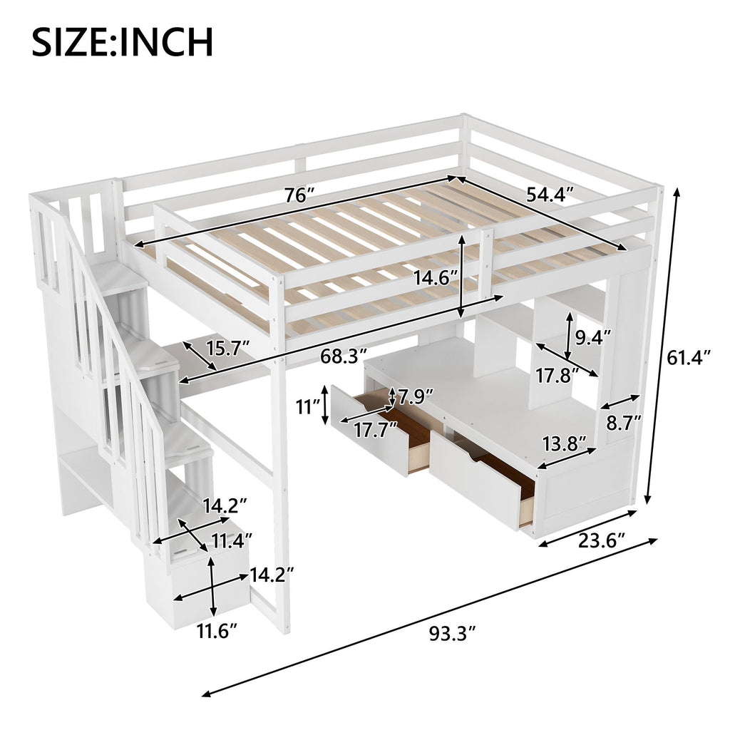 Full Size Loft Bed with Desk, Drawers & Storage Staircase - White