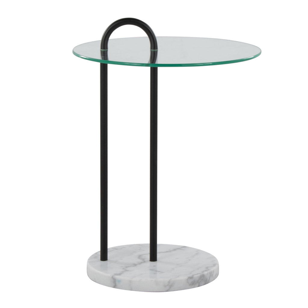 Claire Contemporary Side Table with Glass Top and Marble Base - Black / Clear