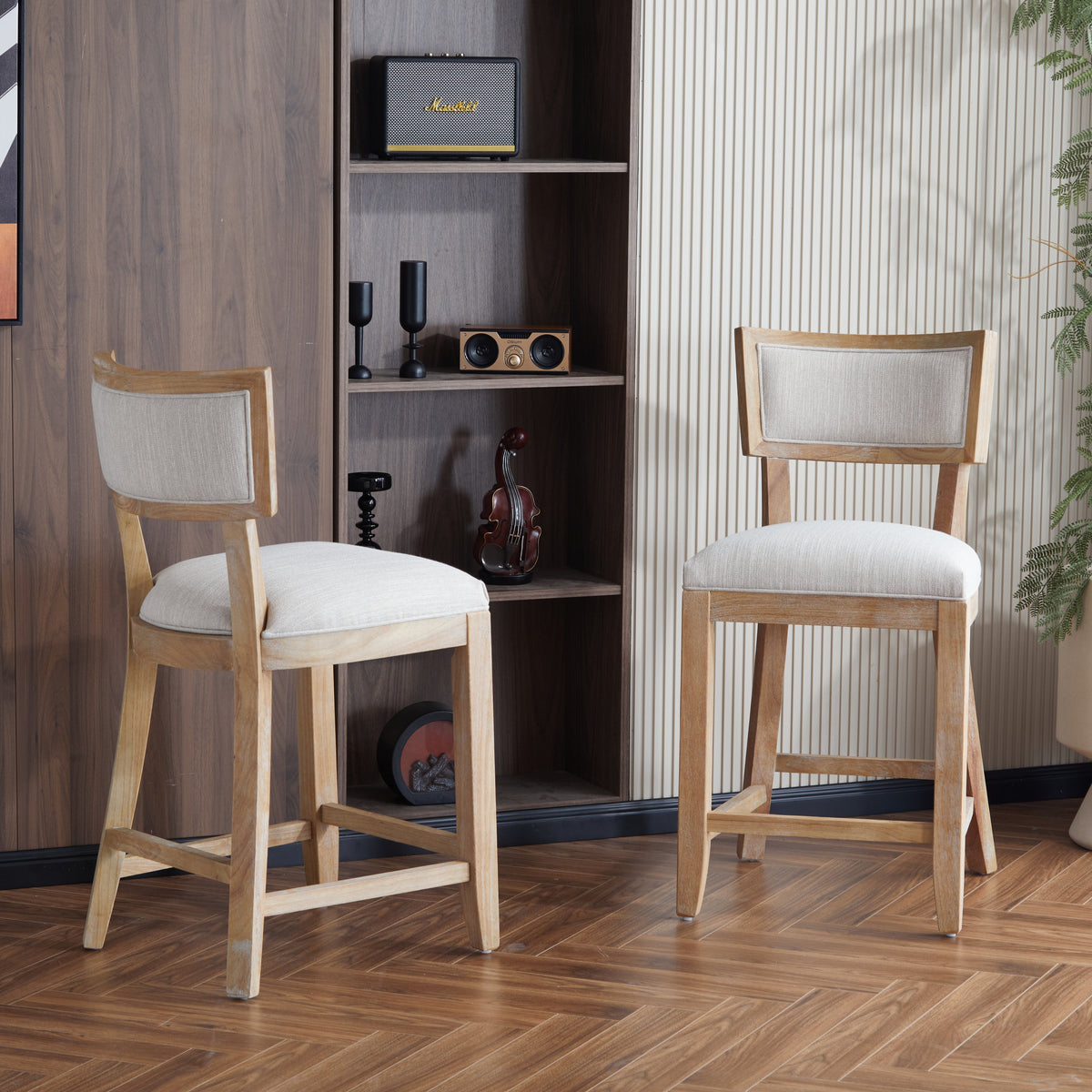 Upholstered Counter Stools Set of 2 with Ergonomic Back - Beige & Natural