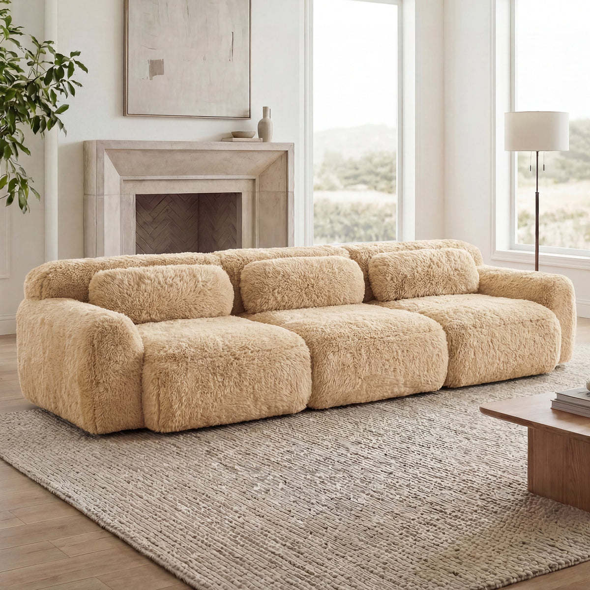 114'' Soft And Fluffy Modular Sectional Sofa with Plush Fabric - Neutral