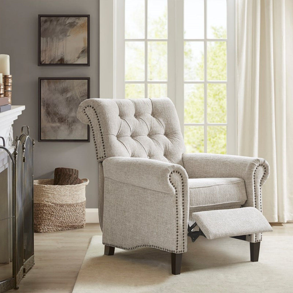 Cream Push Back Recliner Chair with Tufted Back and Nailhead Trim