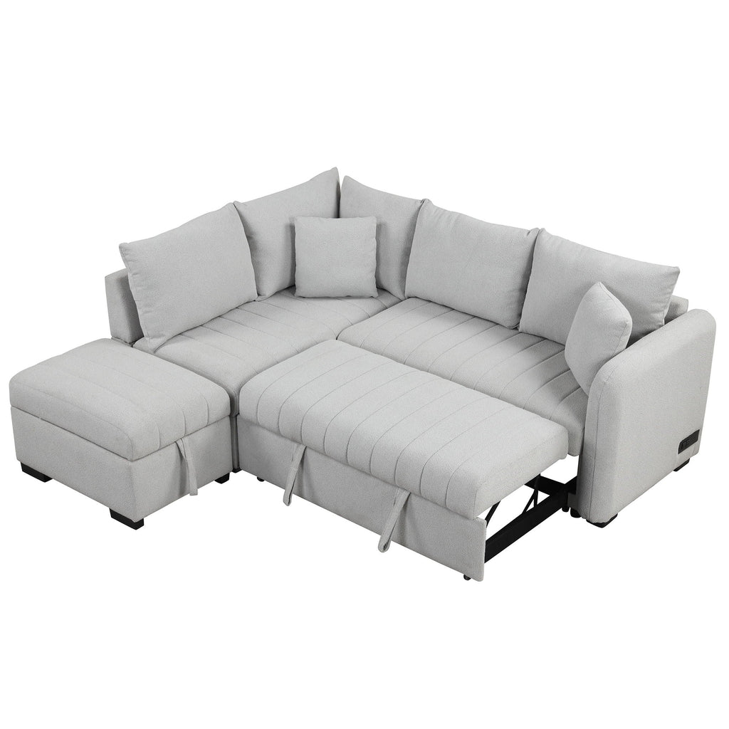 L-Shaped Sleeper Sectional with Pull-Out Bed and Storage Ottoman - Gray or Beige