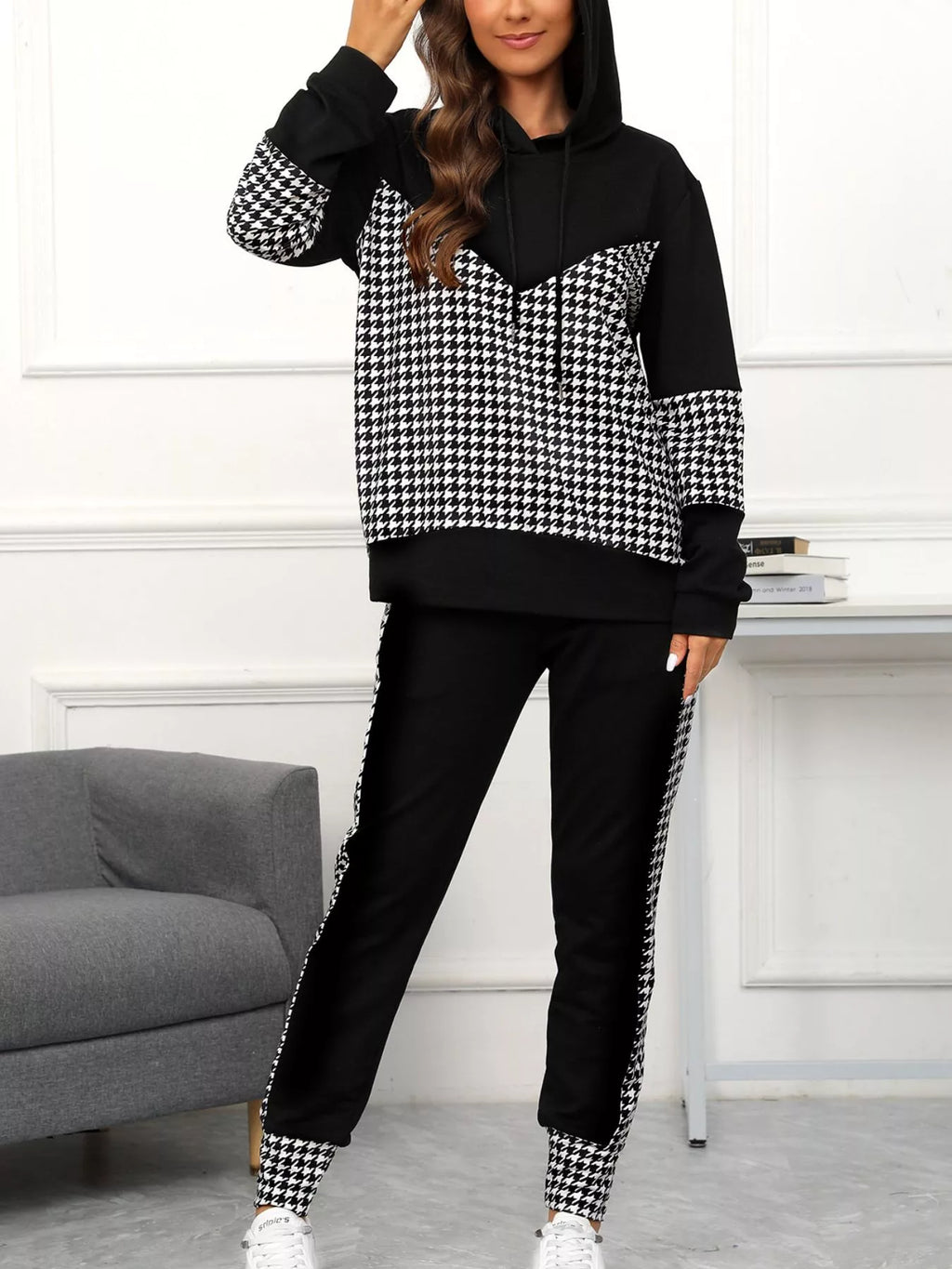 Houndstooth Drawstring Hoodie and Pants Se