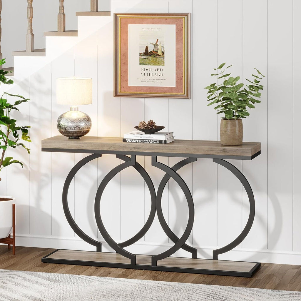 Narrow Long Console Table with Geometric Frame - Gray