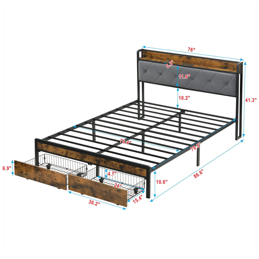 Modern Bed Frame with LED Lights and USB Charging - Light or Dark Brown
