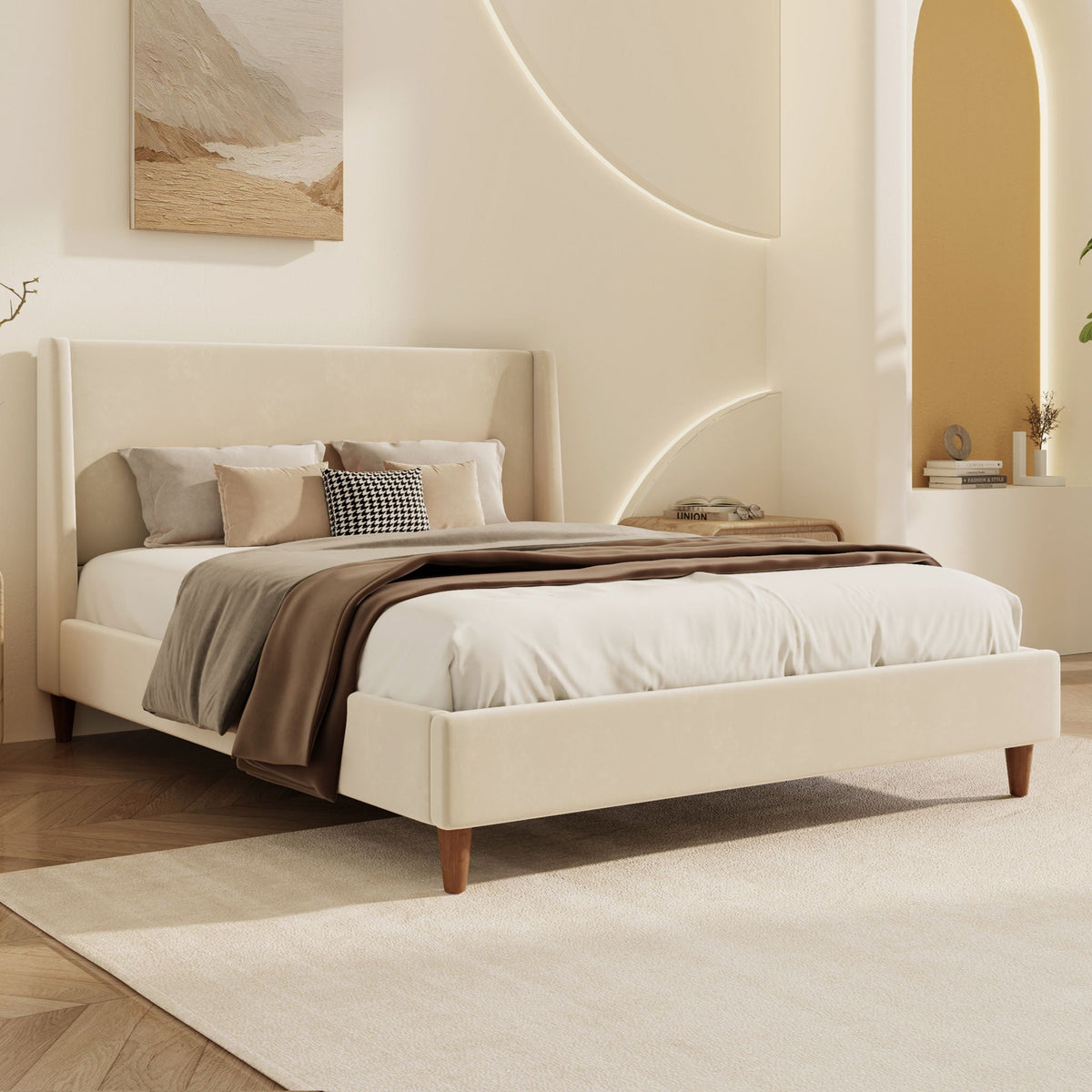 Upholstered Modern Platform Bed with Wingback Headboard - Beige or White