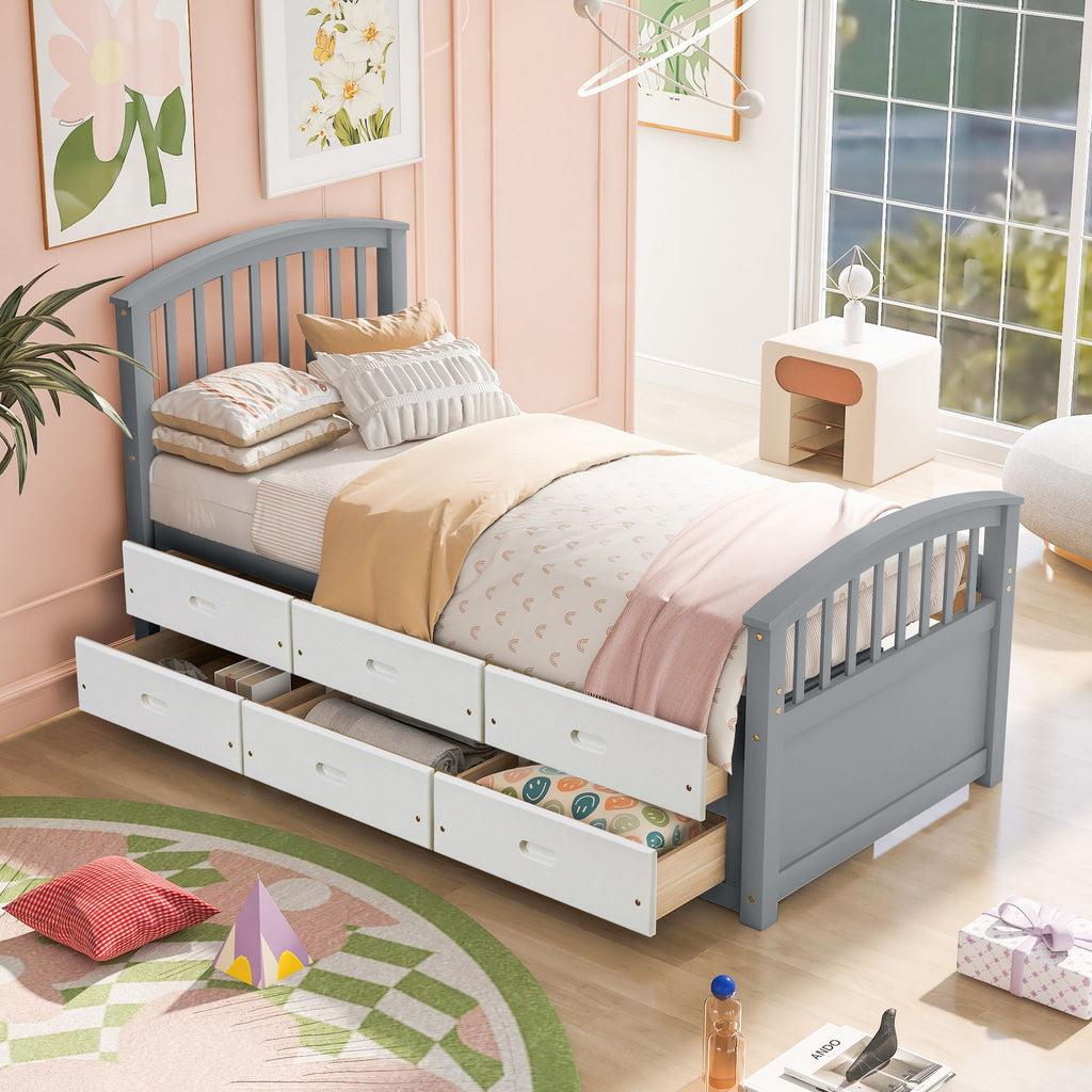 Solid Wood Twin Storage Bed with 6 Drawers - Multiple Colors