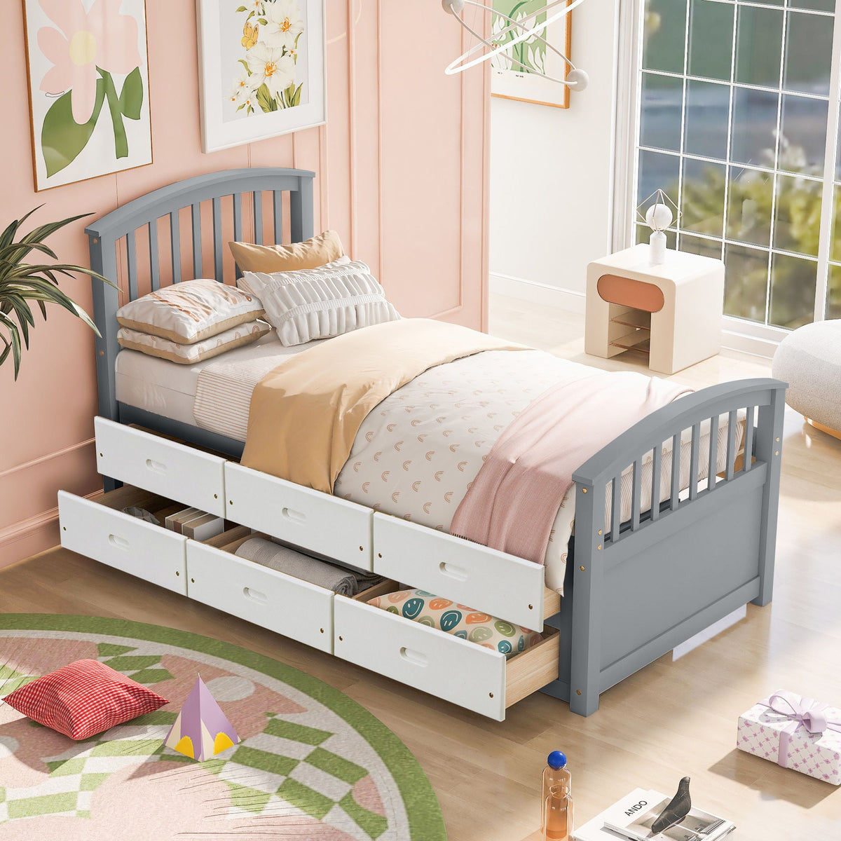 Solid Wood Twin Storage Bed with 6 Drawers - Multiple Colors