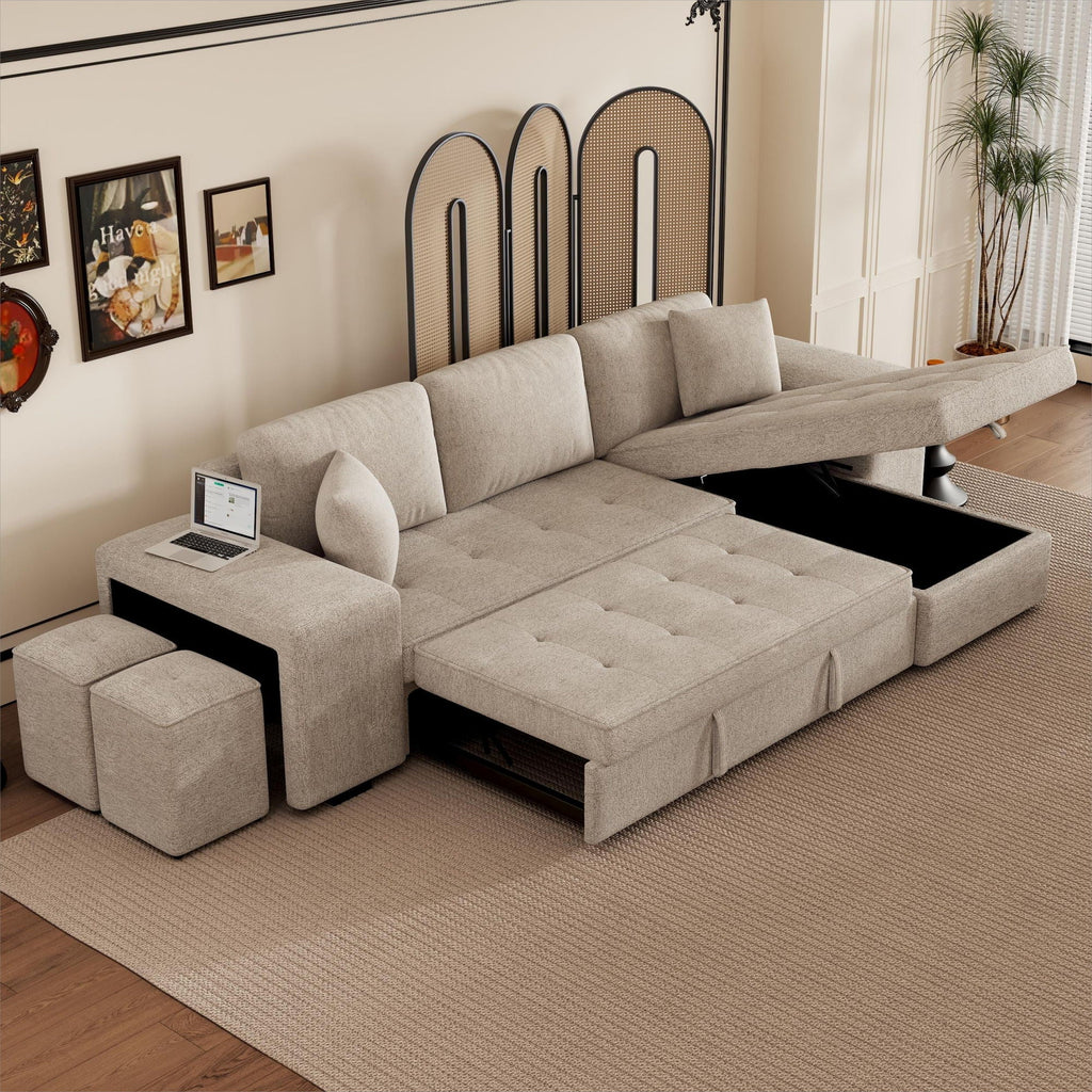 Reversible L-Shape Sleeper Sectional Sofa with Storage Chaise and 2 Stools - Multiple Colors