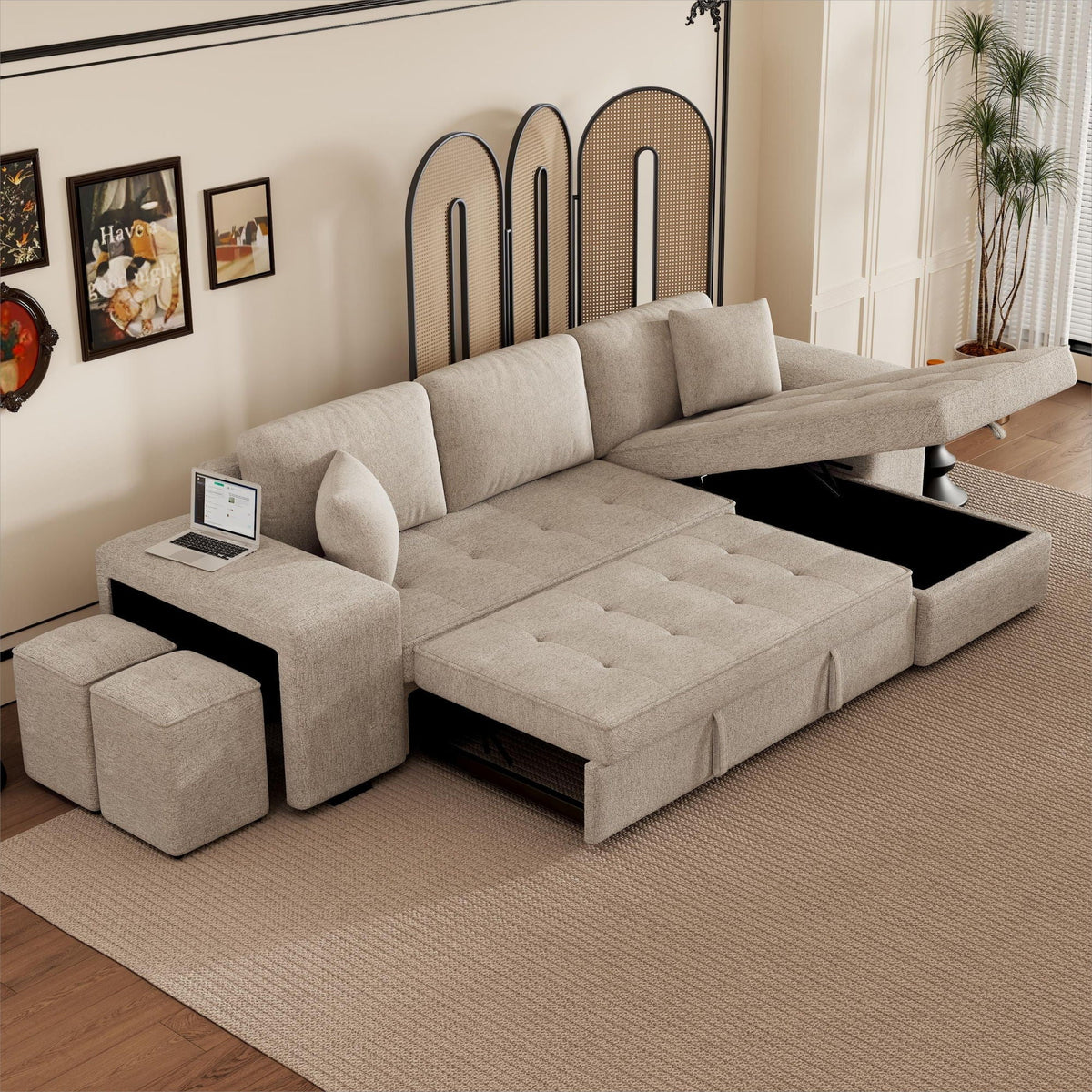 Reversible L-Shape Sleeper Sectional Sofa with Storage Chaise and 2 Stools - Multiple Colors