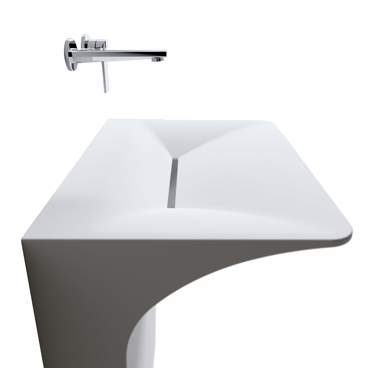 Modern Wall-Mounted Solid Surface Pedestal Sink with Hidden Linear Drain