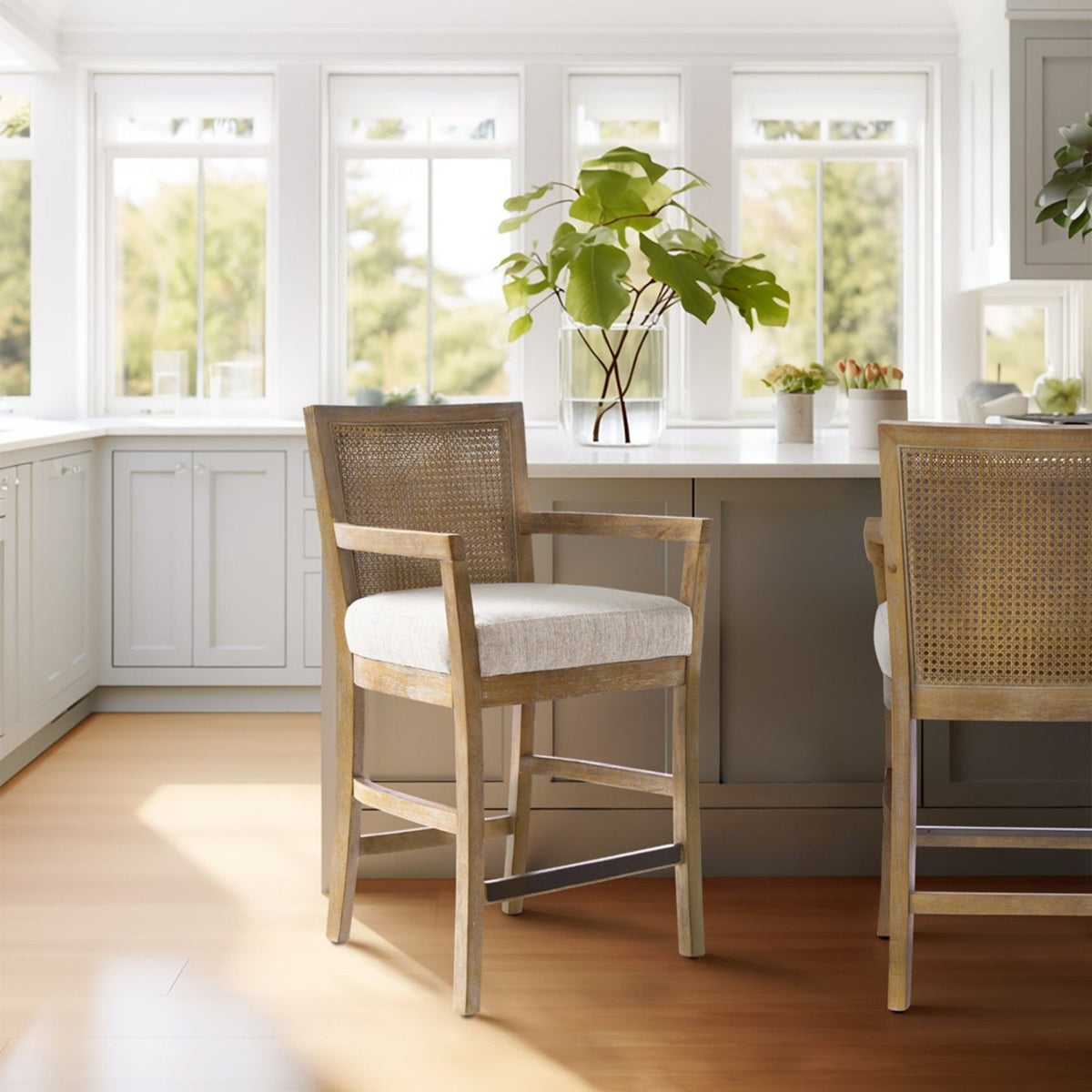 Cane Back Counter Stool with Upholstered Seat - Cream and Reclaimed Natural
