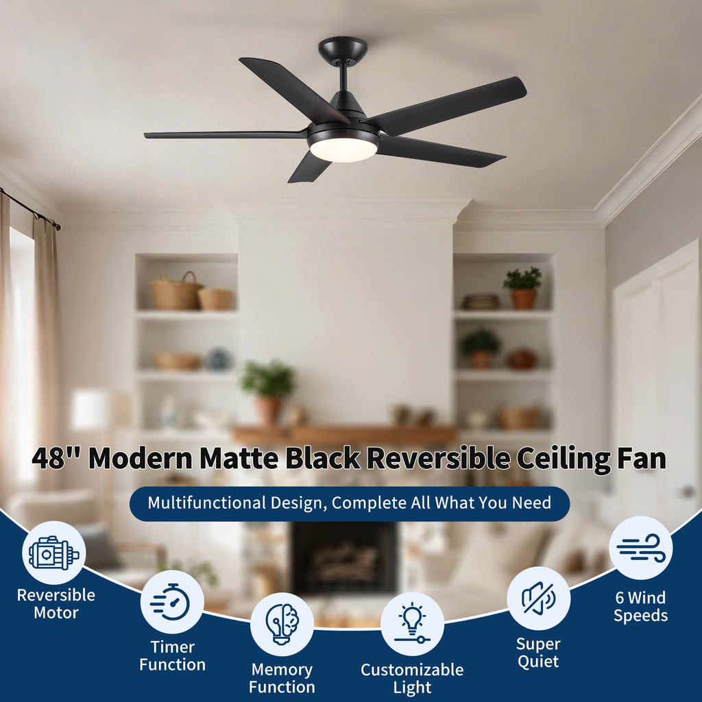48" Black Ceiling Fan with Dimmable LED Light and Remote Control - Reversible Motor